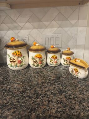 This is a vintage Sears Merry Mushroom ceramic canister set, from the 1970s